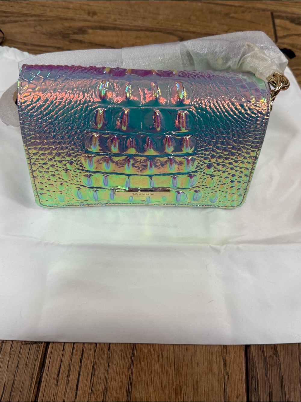 Brahmin Minuette Iridescent Croc-Embossed Clutch in Pink, Purple & Green - Picture 2 of 16